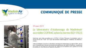 29/03/2019 - Le laboratoire d’étalonnage de Madininair accrédité COFRAC selon la norme ISO 17025